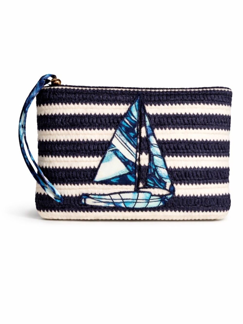 Vera Bradley Nautical Sailboat Straw Wristlet Blue White Stripe Zip bag - Picture 2 of 12
